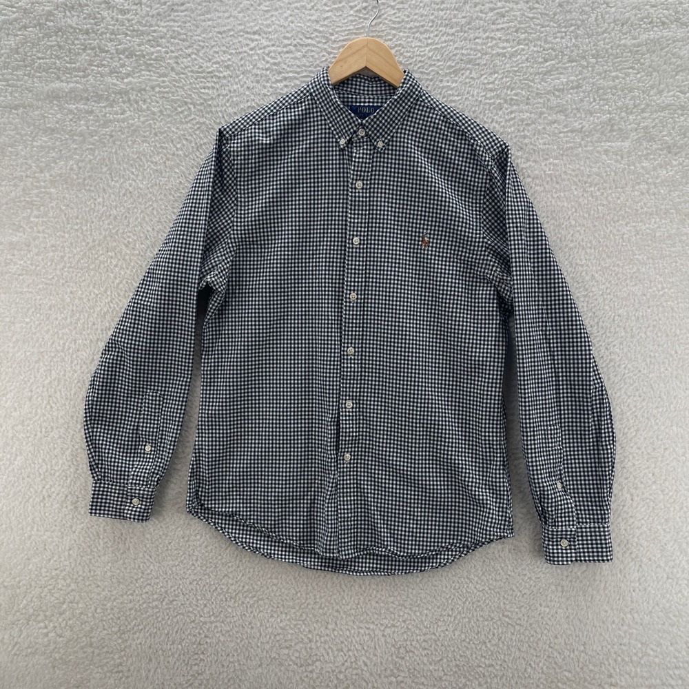 Polo Ralph Lauren Shirt Mens L Black White Slim Fit Check Oxford OCBD Flesh Pony